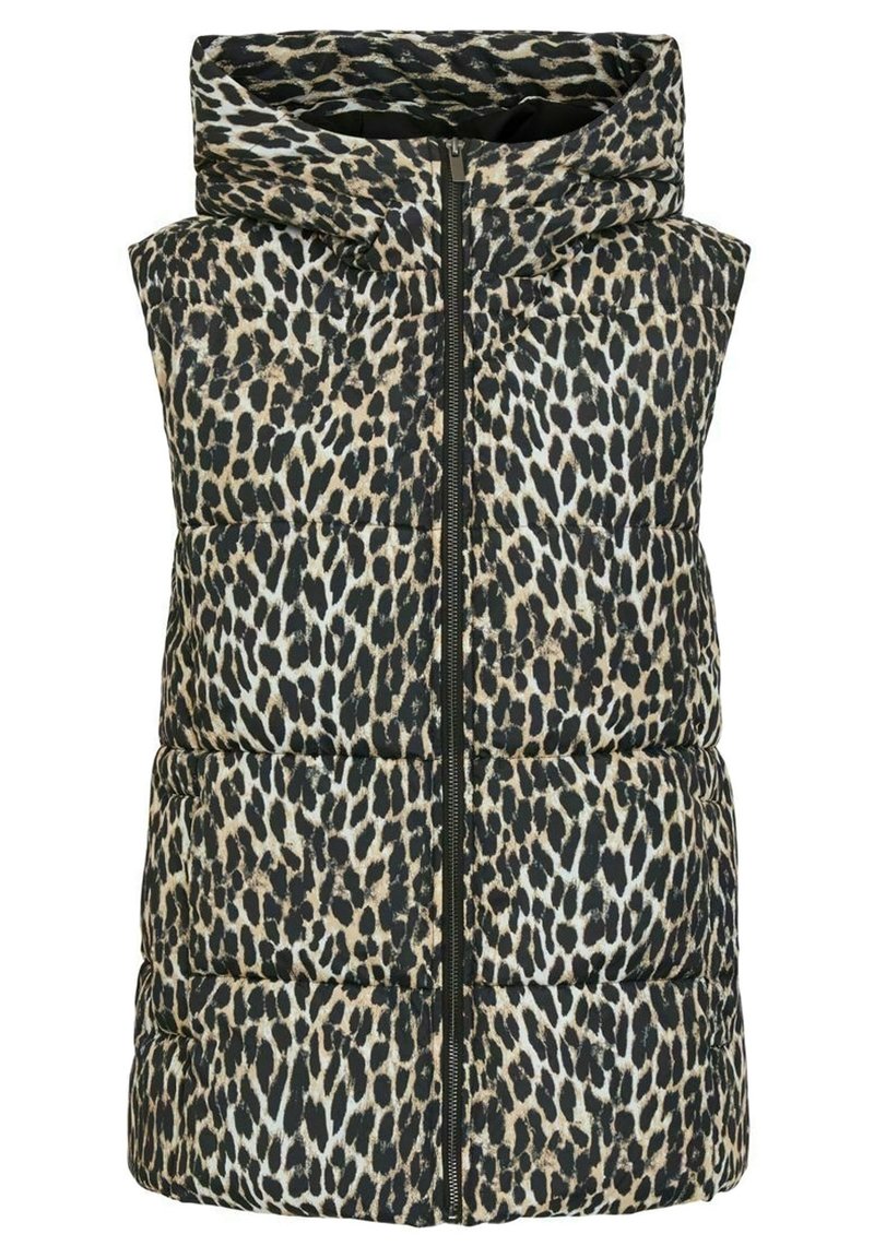Padded vest with a leopard print pattern in black, tan, and white. Features a full front zipper and a hood. Material appears smooth and lightweight.