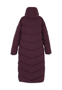 Long manteau d'hiver matelassé de couleur violet foncé avec capuche, motif chevron cousu, et manches longues, vu de dos.