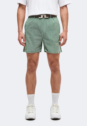 Homme portant un short rayé vert et blanc avec une ceinture noire, un t-shirt blanc, des chaussettes blanches et des baskets blanches, debout devant un fond uni.