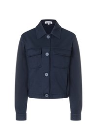 Marineblauwe cropped jas met een puntkraag, sluiting met knopen aan de voorkant en twee borstzakken. Gemaakt van soepel materiaal met een nette afwerking.