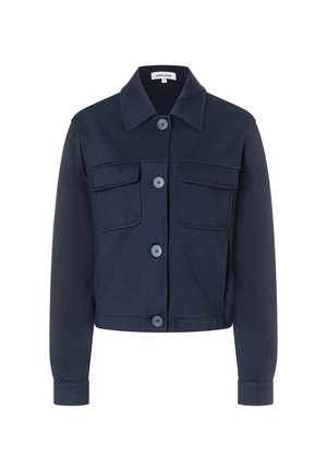 Navy blue cropped jacket with a pointed collar, front button closure, and two chest pockets. Made of smooth fabric with a clean finish.