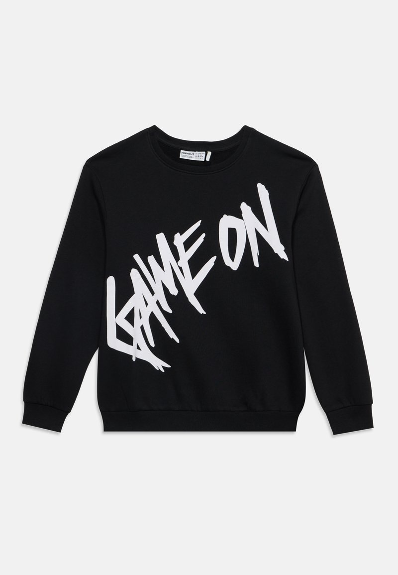 Sweat-shirt noir à manches longues et col rond avec un grand texte graphique blanc "GAME ON" en lettres stylisées et inclinées sur le devant.