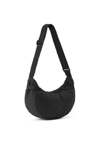 Schwarze Umhängetasche mit runder Form, aus weichem Stoff gefertigt. Verfügt über einen verstellbaren Riemen und zwei kleine farbige Akzente auf der Vorderseite.