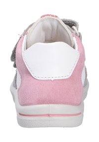 Pink suede and white leather sneaker with a textured back, featuring a silver accent. Rounded shape with a padded collar. No visible laces.