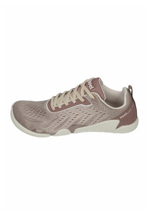 Light mauve lightweight sneaker with white laces, breathable mesh upper, and textured white sole, viewed from the side.