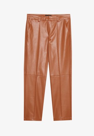 Brown faux leather trousers with a tailored fit, featuring front pleats and straight legs. Smooth texture with no visible hardware or accents.