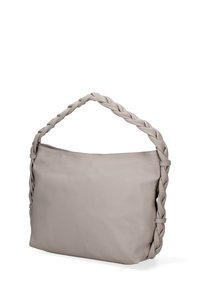 Borsa a mano con manico intrecciato in pelle grigia chiara, texture morbida, corpo rettangolare e chiusura con zip. Design semplice con hardware minimale.