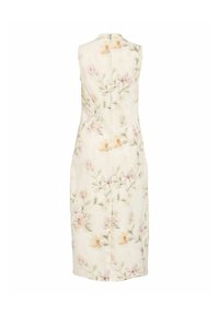 Robe crème sans manches longueur genou avec imprimé floral rose pâle et jaune et fermeture éclair visible au dos.