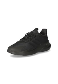 Black athletic shoes featuring a smooth textile upper with rubber accents, rounded toe, and textured sole. Three stripe logo on the side.