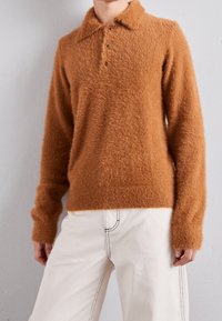 Brun, luddig stickad tröja med kragad halslinning, fyra knappar fram, och långa ärmar, bärs över ljusa byxor.