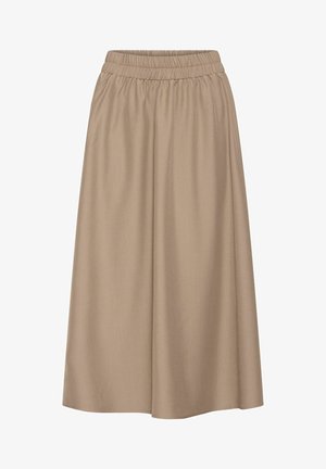 Beige midi skirt with a smooth texture, elastic waistband, and flowing design, featuring a straight cut that extends to mid-calf length.