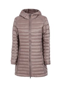 Piumino beige con cappuccio, chiusura a zip e struttura trapuntata. Dotato di tasche laterali e leggero restringimento in vita per una vestibilità aderente.