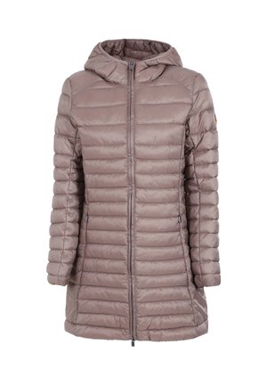 Piumino beige con cappuccio, chiusura a zip e struttura trapuntata. Dotato di tasche laterali e leggero restringimento in vita per una vestibilità aderente.