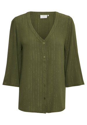 Bluzka khaki zapinana na guziki z subtelnymi pionowymi metalicznymi paskami, dekoltem w serek i rękawami o długości do łokcia.