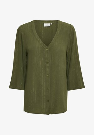 Blouse boutonnée vert olive avec fines rayures métalliques verticales, col en V et manches trois-quarts.