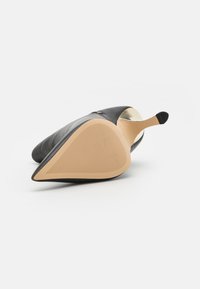 Chaussure à talon haut en cuir noir avec un bout pointu et une surface lisse et brillante. Présente une semelle beige texturée et un accent de talon noir.