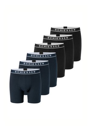 Set aus sechs Herren-Boxershorts in Schwarz und Marineblau mit einem elastischen Bund mit dem Markennamen "Schiesser" in weißen Buchstaben.