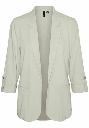 Světle šedý blazer s tříčtvrtečními rukávy, klopovými límci a dvěma předními kapsami. Vyroben z měkké, texturované tkaniny s knoflíkovými detaily.