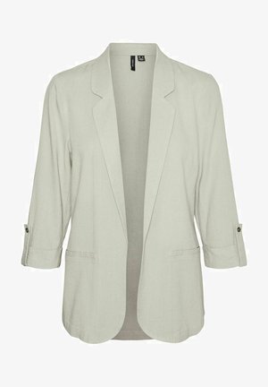 Ljusgrå blazer med trekvartslånga ärmar, slagkrage och två framfickor. Tillverkad av ett mjukt, texturerat tyg med knappram.