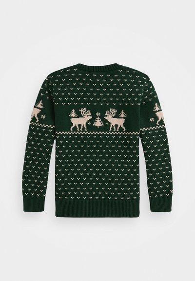 Sweter dzianinowy w ciemnozielonym kolorze z kremowymi reniferami, drzewami i wzorami. Ściągacz przy dekolcie i rękawach; świąteczne motywy na całym ciele.