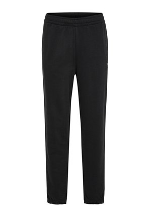 Pantalons de survêtement noirs en tissu doux, avec une taille élastique, des jambes fuselées et des poignets élastiques aux chevilles.