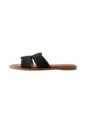 Sort ruskinds slide-sandal med to brede stropper og en flad brun gummisål, der tilbyder en glat tekstur og minimalistisk design.