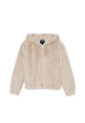 Chaqueta con capucha de piel sintética color beige, con cremallera, puños y dobladillo elásticos, que presenta una textura suave y un diseño sencillo. Etiqueta de la marca visible en el interior.