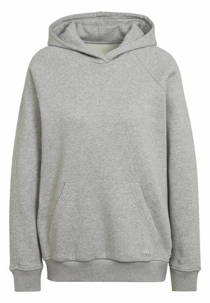 Lysegrå hættetrøje med kængurulomme og ribbede ærmegab, med små Adidas- og "ALL SZN"-logoer.