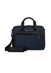 Borsa per laptop navy con manici doppi e tracolla regolabile. Caratterizzata da dettagli neri lisci, una tasca anteriore con zip e design strutturato.