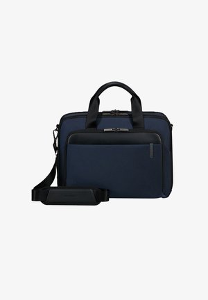 Marinefarbene Laptoptasche mit doppelten Griffen und verstellbarem Schultergurt. Mit glatten schwarzen Akzenten, einer Reißverschlusstasche auf der Vorderseite und einem strukturierten Design.
