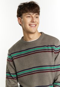 Maglione grigio con collo rotondo, caratterizzato da righe orizzontali in verde, blu navy e bordeaux. La texture sembra morbida e lavorata a maglia.