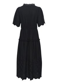 Rochie din bumbac negru, cu decolteu din valuri, mâneci bufante, talie elastică și modele perforate pe margine.