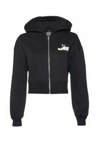 Crni skraćeni hoodie s patentnim zatvaračem, dugim rukavima, rebrastim mansetama i grafikom logotipa s leptirima na lijevoj strani prsnog područja.