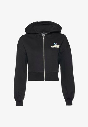 Fekete cropped kapucnis pulóver cipzárral, hosszú ujjakkal, bordázott mandzsettákkal és bal mellel ellátott, pillangót ábrázoló logó grafikával.