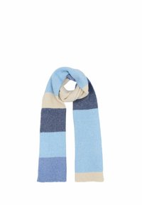 Knit scarf featuring stripes in shades of light blue, dark blue, and cream; ribbed texture; soft, warm fabric; rectangular shape.