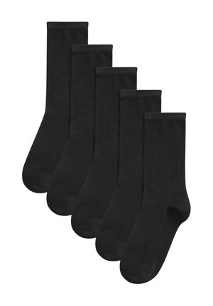 Paquet de cinq paires de chaussettes noires avec une texture lisse, de longueur mi-mollet et des bords côtelés pour un confort et un ajustement accrus.