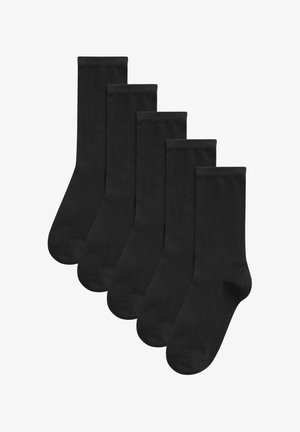 Paquet de cinq paires de chaussettes noires avec une texture lisse, de longueur mi-mollet et des bords côtelés pour un confort et un ajustement accrus.