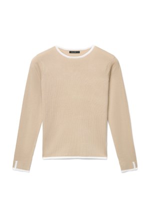 Beiges Strickoberteil mit langen Ärmeln, rundem weißem Ausschnitt und kontrastierenden weißen Manschetten. Glatte Textur mit figurbetonter Silhouette.