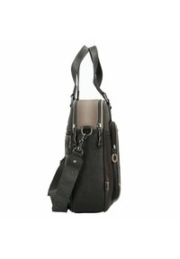 Schwarze und braune synthetische Handtasche mit doppelten Reißverschlussfächern, abnehmbarem Tragegurt und doppelten Griffen. Glatte Textur mit glänzendem Finish.