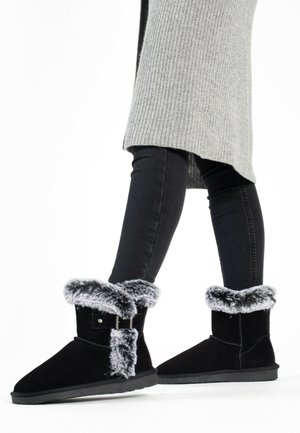 Black suede ankle boots with faux fur trim, buckle detail, and flat rubber soles. Worn with black jeans and a gray knitted sweater.