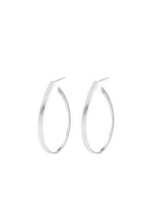 Par sølv snoede hoops med glat, poleret finish og tynde metalstifter til gennemborede ører mod hvid baggrund.