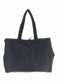 Sac fourre-tout noir en nylon texturé avec deux poignées verticales, comportant un extérieur rembourré et un minimum de détails de couture.