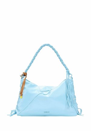 Borsa a mano in pelle azzurro chiaro con manico intrecciato, nappine laterali e design curvo. Dotata di chiusura con cerniera e logo in rilievo sul davanti.