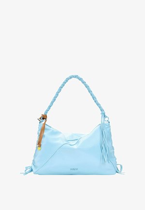 Borsa a mano in pelle azzurro chiaro con manico intrecciato, nappine laterali e design curvo. Dotata di chiusura con cerniera e logo in rilievo sul davanti.