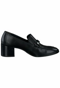 Mocassin femme en cuir noir avec petit talon bloc et boucle métallique décorative sur le dessus, vue de profil sur fond blanc.