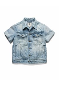 Kortärmad denimjacka i ljusblått. Har två bröstfickor, knappstängning och uppvikta ärmar. Sliten textur och sömnadsdetaljer.