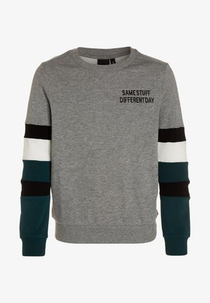 Grå sweatshirt med rund hals, med teksten "SAME STUFF DIFFERENT DAY". Lange ærmer har striber i sort, hvid og teal. Materialet er en bomuldsblanding.