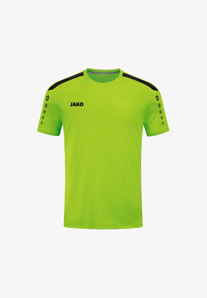 T-shirt de sport vert à manches courtes, accents noirs sur les épaules et détail de logo circulaire. Fabriqué à partir d'un tissu respirant.
