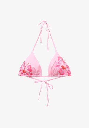 Pinker Triangel-Bikini-Oberteil mit floralen Akzenten; aus glattem Stoff hergestellt, verfügt über verstellbare Bänder und geraffte Textur entlang des unteren Teils.