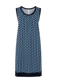 Vestido sin mangas en azul marino con un patrón geométrico en azul claro. Presenta un escote redondeado y un corte holgado. Tejido suave con una textura sutil.